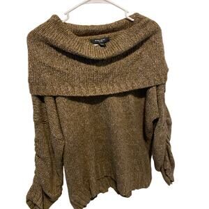 Nine West Off the Shoulder Fold Over Sweater Large Cowl Neck Chunky Knit Boho
